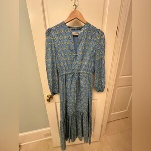 Emerson Fry Frances Maxi Dress, Blue with Green and Yellow Flowers size Small